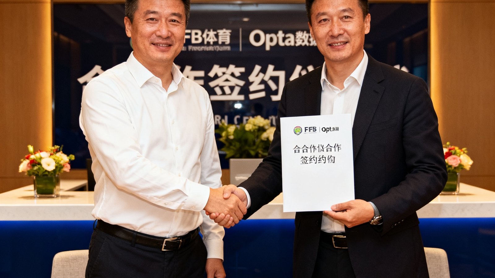 FB体育与Opta数据合作签约仪式现场照片，双方代表握手并展示合作协议文件